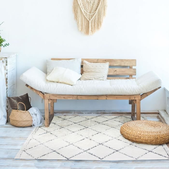 Berbere-Baumwollteppich fürs Wohnzimmer – 120 x 170 cm – 100 % Baumwolle – Natur-Ecru – Rautenmuster