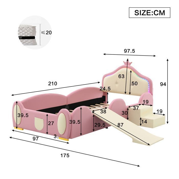 Lit Enfant - MERAX - Couronne Cartoon - 90x200cm - Bande LED Multimode - Toboggan et Escaliers
