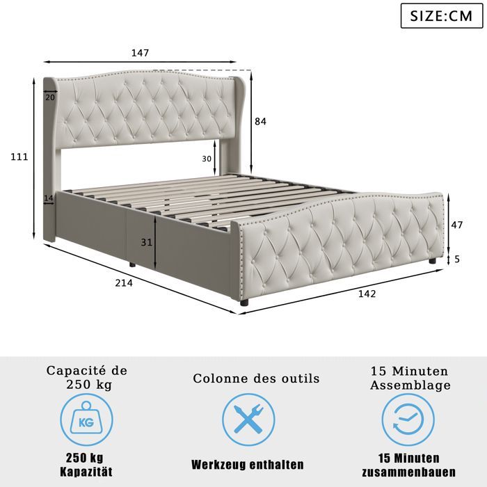 Cama com arrumação, cama estofada com alavanca hidráulica, cama de adulto 140x200 cm, estrutura da cama 140 x 200 cm, ripas de madeira, bege