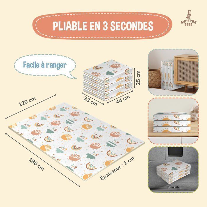 Tapete de atividades dobrável, reversível e à prova d'água - 180x120x1cm | Tapete de espuma para crianças - PURE BIG LOVE | SUPERBE BABE