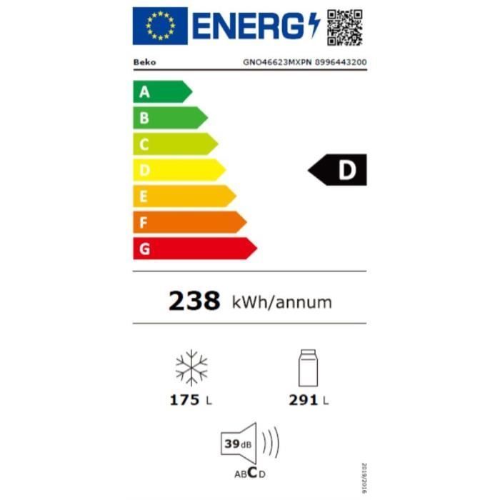 Frigorífico multipuertas - BEKO - GNO46623MXPN - Clase energética D - 400 L - 180 x 79,5 x 74 cm - Acero inoxidable