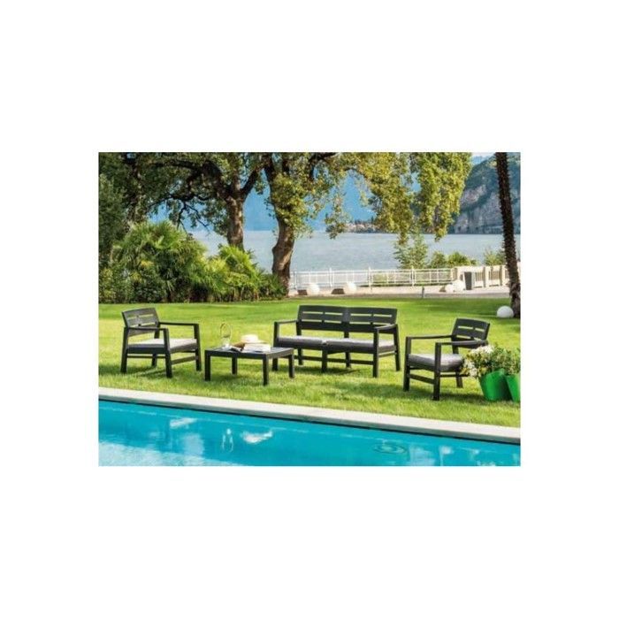 Conjunto de muebles de jardín de 4 piezas en color antracita: sofá de 2 plazas + 2 sillones + mesa de centro + 3 cojines color crudo KZ GARDEN