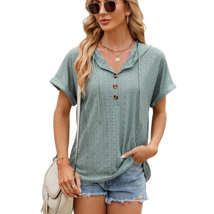 T-Shirt Femme À Capuche Manches Courtes Col V Avec Boutons Tee Shirt Été Lache Couleur Unie Confortable - Taille EU - Vert
