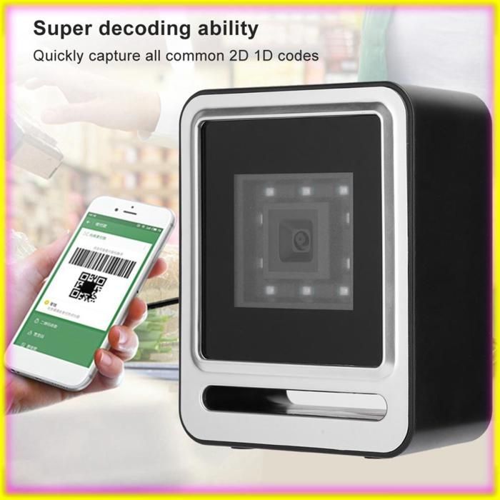 Leitor de código de barras fixo Keesso prateado, 1D QR 2D, mãos-livres, para mesa, bar, computador, impressora.