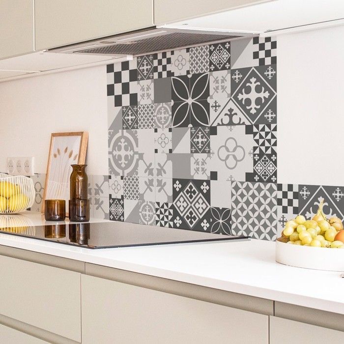 Crédence cuisine adhésive en aluminium effet carreaux de ciment gris - 200x20 cm (en 2 bandeaux) - 99DECO