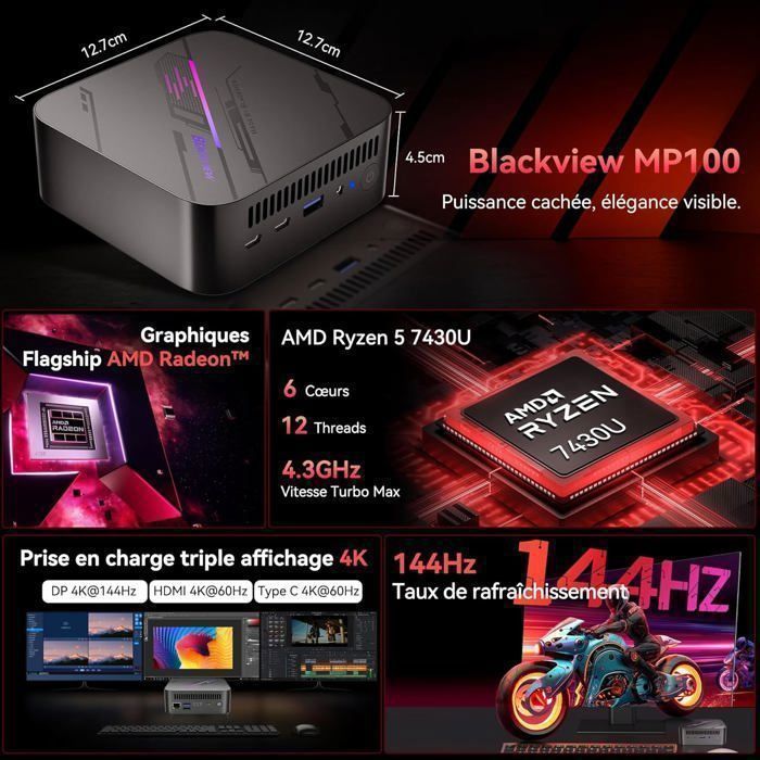 Blackview MP100 Mini PC - AMD Ryzen 7430U (6C/12T, up to 4.3 GHz) - Windows 11 Pro - 16GB DDR4 RAM - 512GB SSD - Bluetooth 5.2 - WiFi 6 - 4K HD
