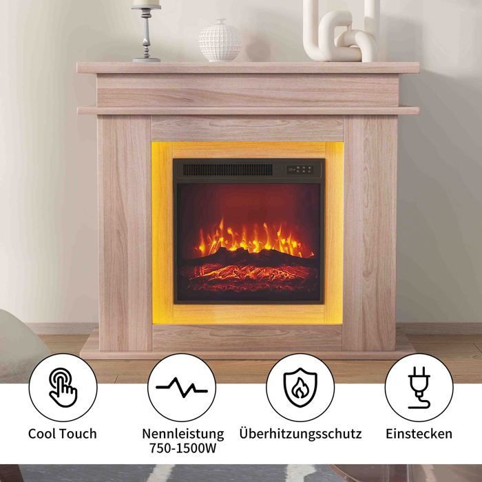 Chimenea eléctrica con repisa de roble de 101 cm - AMBIANCE - Llama 3D y LED de colores - Calefacción suplementaria - Brillo ajustable
