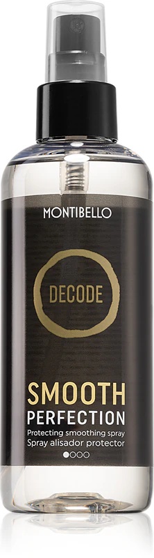 „Montibello Decode Smooth Perfection Spray“ – tai nuo karščio apsaugantis purškiklis, skirtas naudoti su plaukų tiesintuvais ir garbanojimo žnyplėmis ploniems ir pažeistiems plaukams.