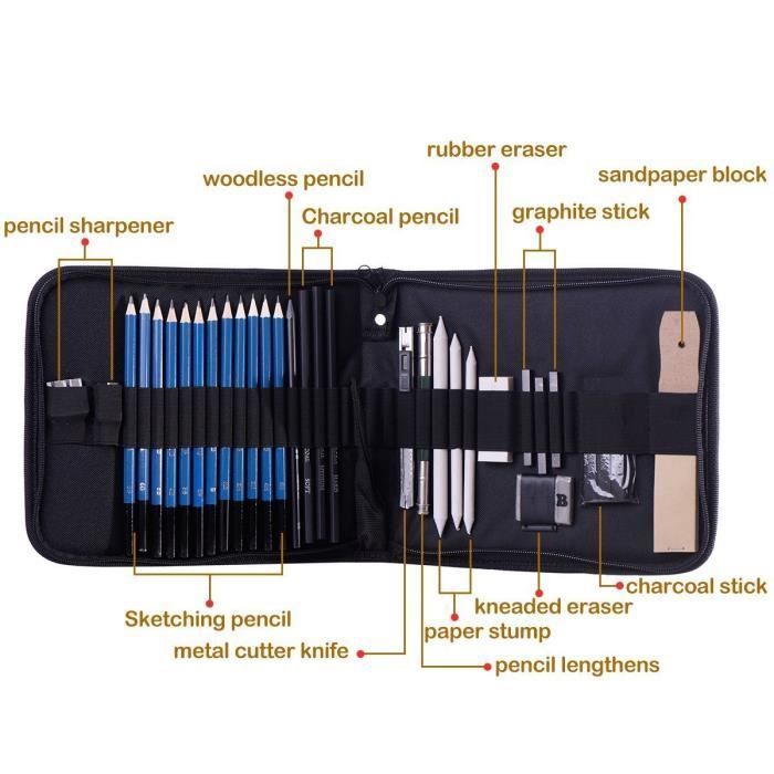 H&B Sketch Pencils Set Kit de dessin d'artistes dans un étui à fermeture à glissière avec un tampon à croquis, (33Piece )