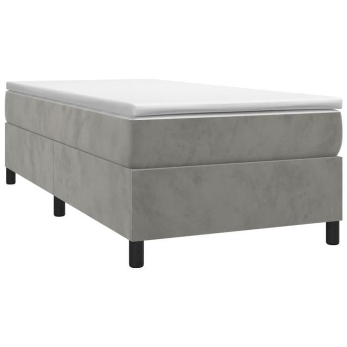 Sommier tapissier - DUOKON - Gris clair - 90x190 cm - Velours doux - Pieds robustes