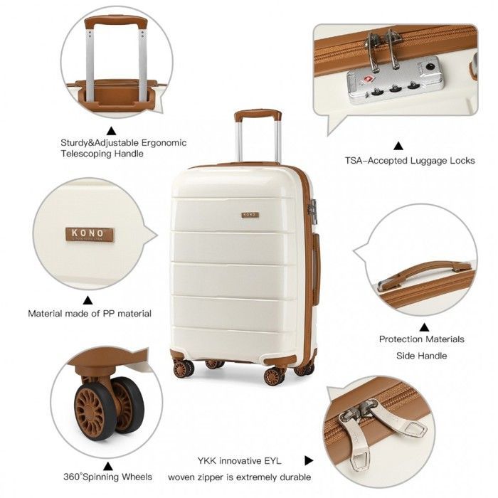 Maleta de cabina Kono de 55x40x21cm, ligera, de polipropileno, con carcasa rígida, 4 ruedas y cerradura TSA, color crema.