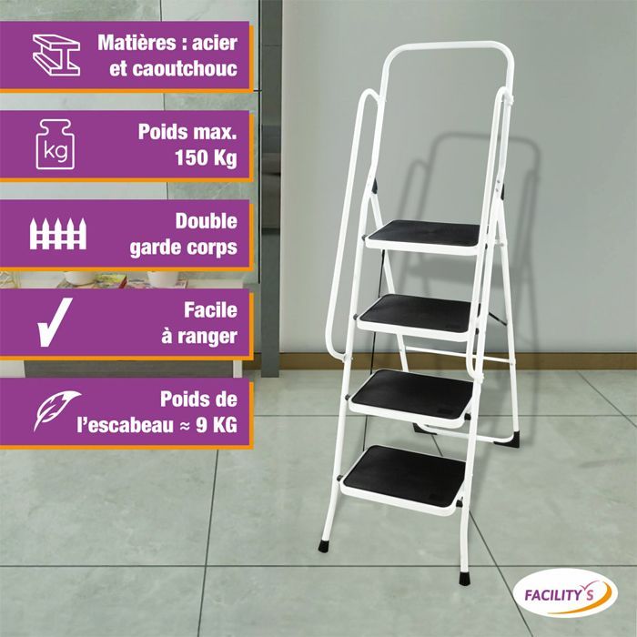 4-tredige opvouwbare stalen trap, dubbele leuning, antislip - 98 cm platform - max. 150 kg - FACILITEITEN