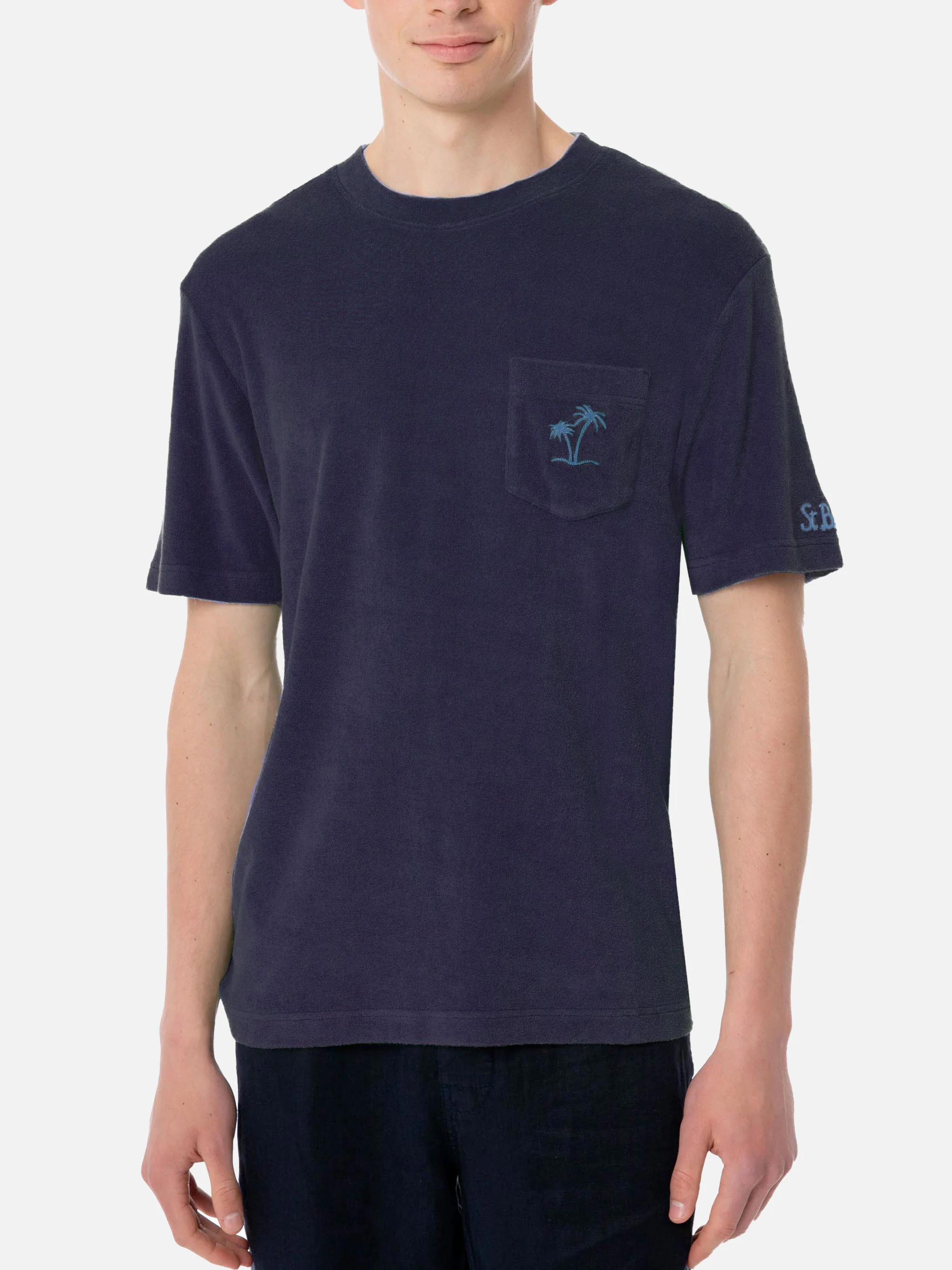 Marineblaues Herren-Frottee-T-Shirt mit Tasche