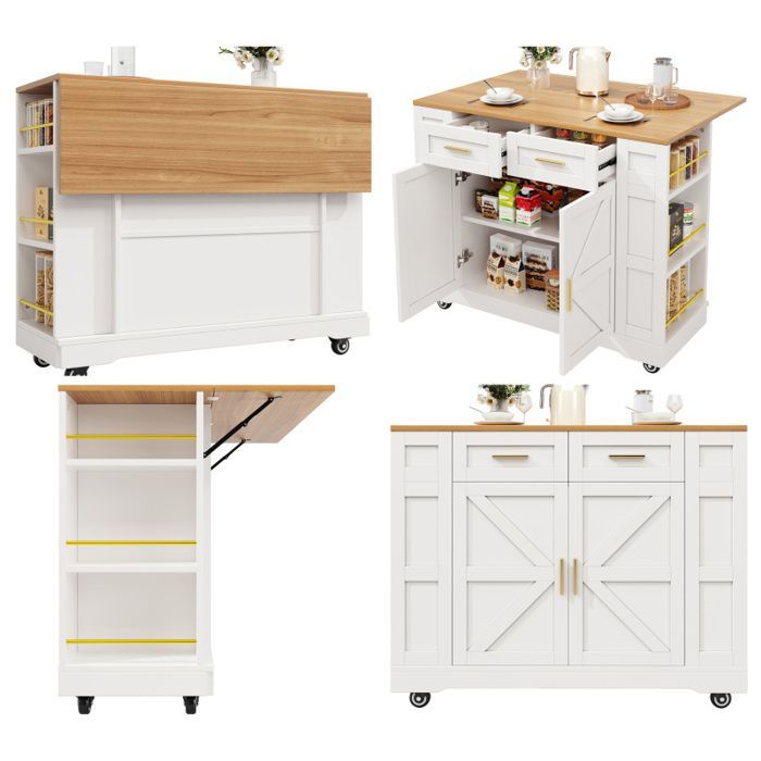 Îlot de Cuisine avec Plateau Extensible - 2 Portes + 2 Tiroirs + Espace de Rangement latéral+Étagères Réglables et 6 Roues
