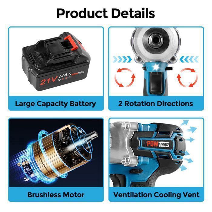 Llave de impacto inalámbrica sin escobillas POWTOOLS con dos baterías de 3,0 Ah, 550 Nm, 5 vasos de impacto.