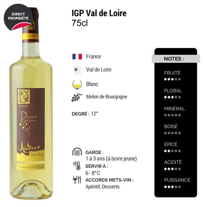 Val de Loire Audace Moelleux Blanc - Lot de 12x75cl - Vignoble Drouard - Vin IGP Blanc du Val de Loire - Cépage Melon de Bourgogne