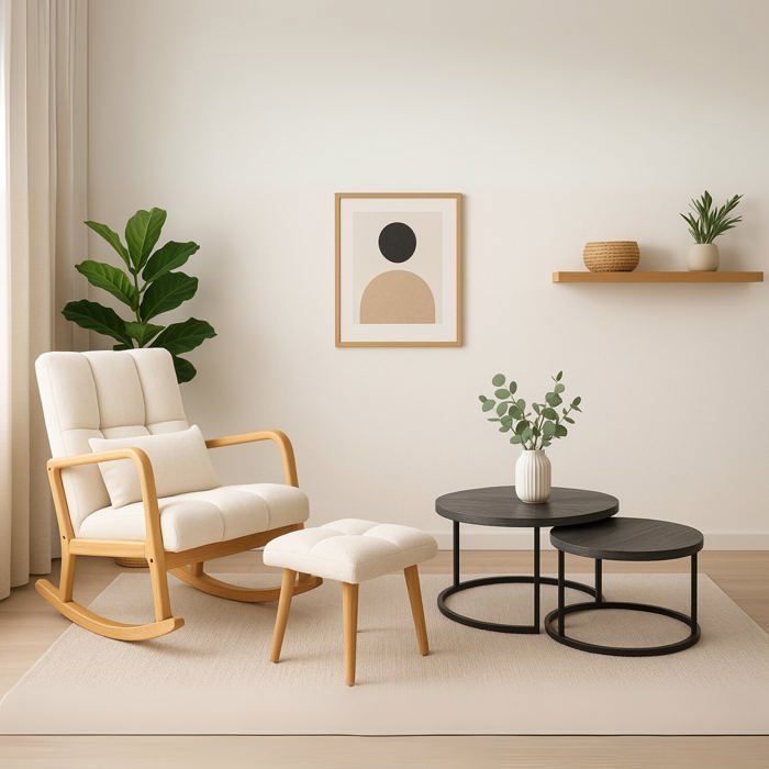 MEUBLES COSY Fauteuil à bascule avec repose-pieds, revêtement polaire blanc, dossier haut et structure bois naturel
