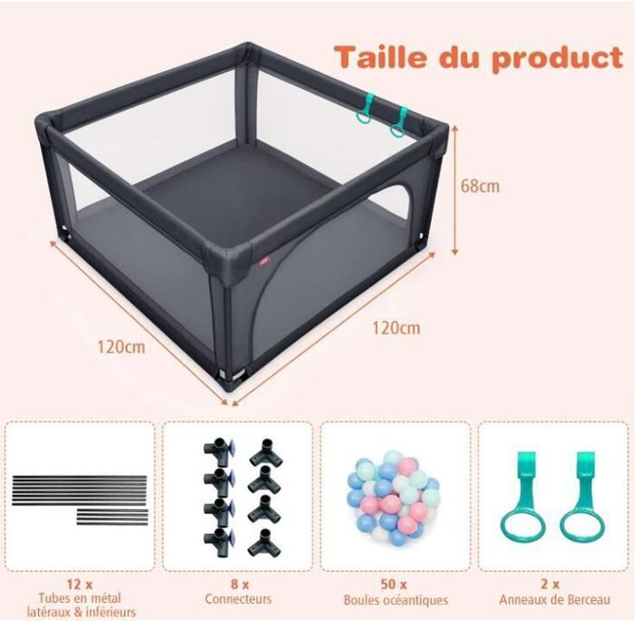 DREAMADE Opvouwbare babybox van Oxford-stof, speelhek met 50 speelballen, hoekbeschermers en antislipbodem, grijs