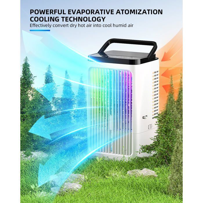 Aire acondicionado portátil, silencioso, 5 en 1, con capacidad de 1200 ml, oscilación de 90°, 4 velocidades y 2 modos de niebla.