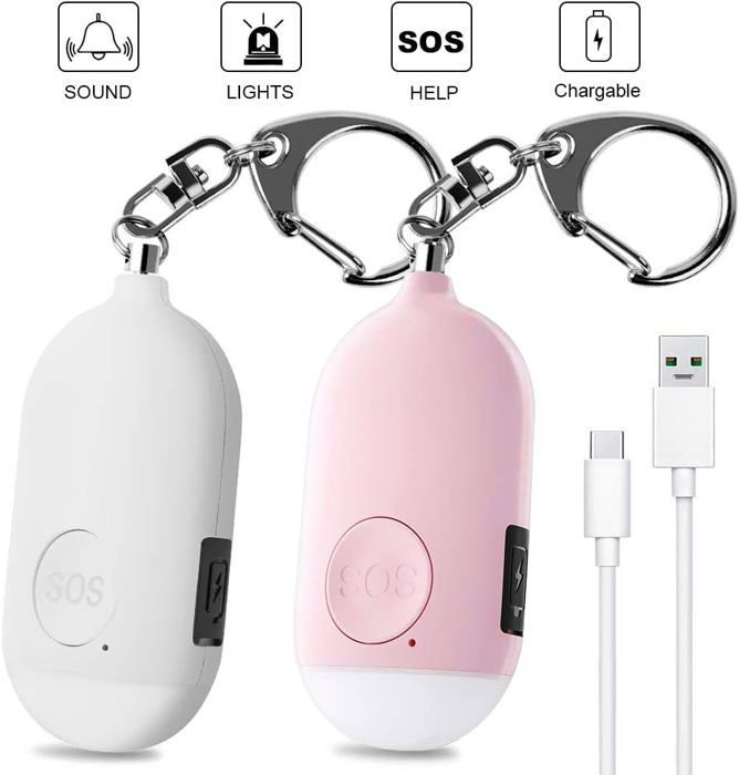 Lot de 2 alarmes personnelles 130 dB rechargeables par USB avec fonction lampe de poche LED et étanche