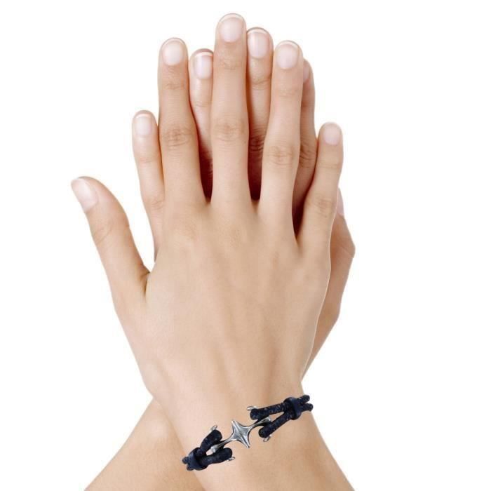 Les Poulettes Bijoux - Bracelet Mixte Rhodium Double Ancre et Galuchat - 18cm Classics - Bleu Navy