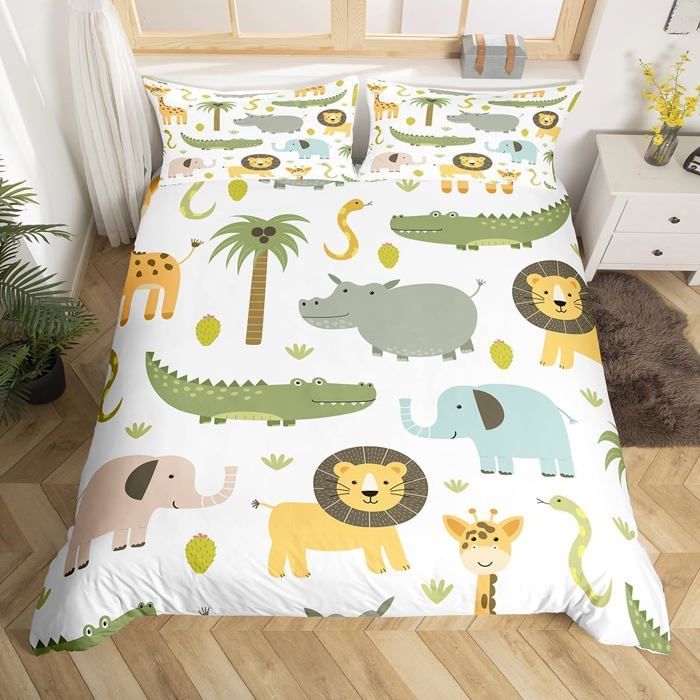 Parure de Lit Wildlife Mignon Hippopotame Crocodile Lion Housse de Couette 140x200cm Enfants Dessin animé éléphant Girafe Literie