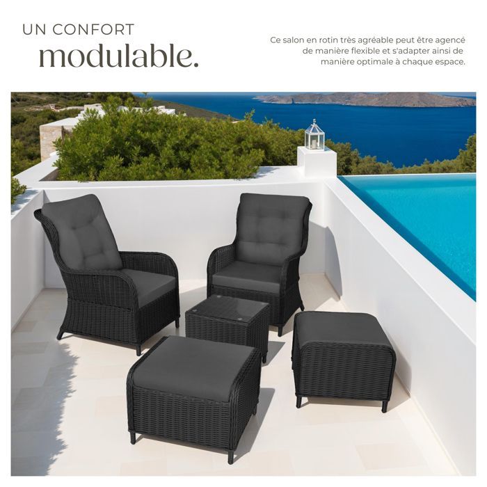 Muebles de jardín - TECTAKE - BENISSA, conjunto de tumbonas desmontables para 2 a 4 personas con mesa - Negro/Gris