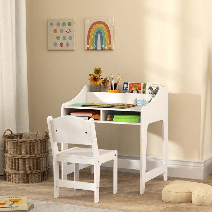 Ensemble bureau et chaise pour enfant - AIYAPLAY - 3 à 8 ans - compartiments et étagères ouverts - blanc