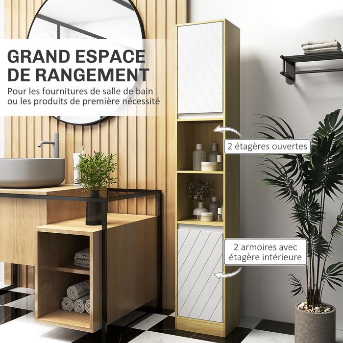 Badkamerkast met kolom - HOMCOM - gezellige stijl - 2 deuren, 2 planken - 30 x 24 x 170 cm - licht wit eikenhout