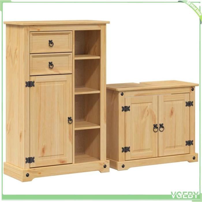 Ensemble de meubles salle de bain 2 pcs - Corona - Pin massif - Finition cire miel - Grand rangement