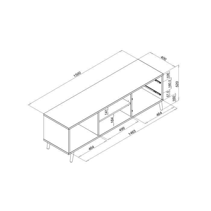 Mueble de TV escandinavo CUBA - Acabado en roble, gris, blanco y azul petróleo - 1 puerta - Ancho 150 x Profundidad 40 x Alto 51 cm