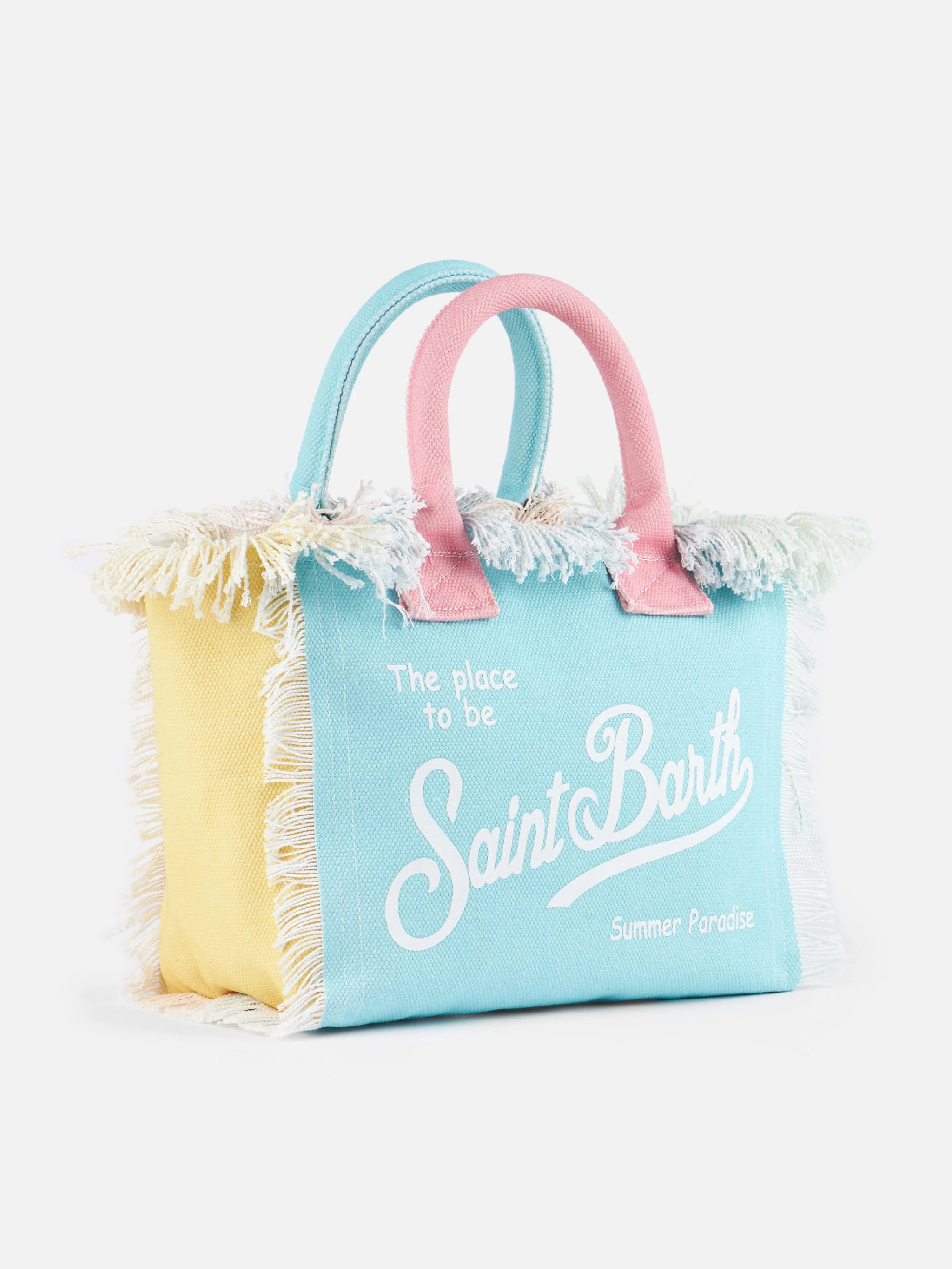 Colette katoenen canvas handtas met franjes - veelkleurige patch met roze Saint Barth-logo en ritsvak | MC2 Saint Barth