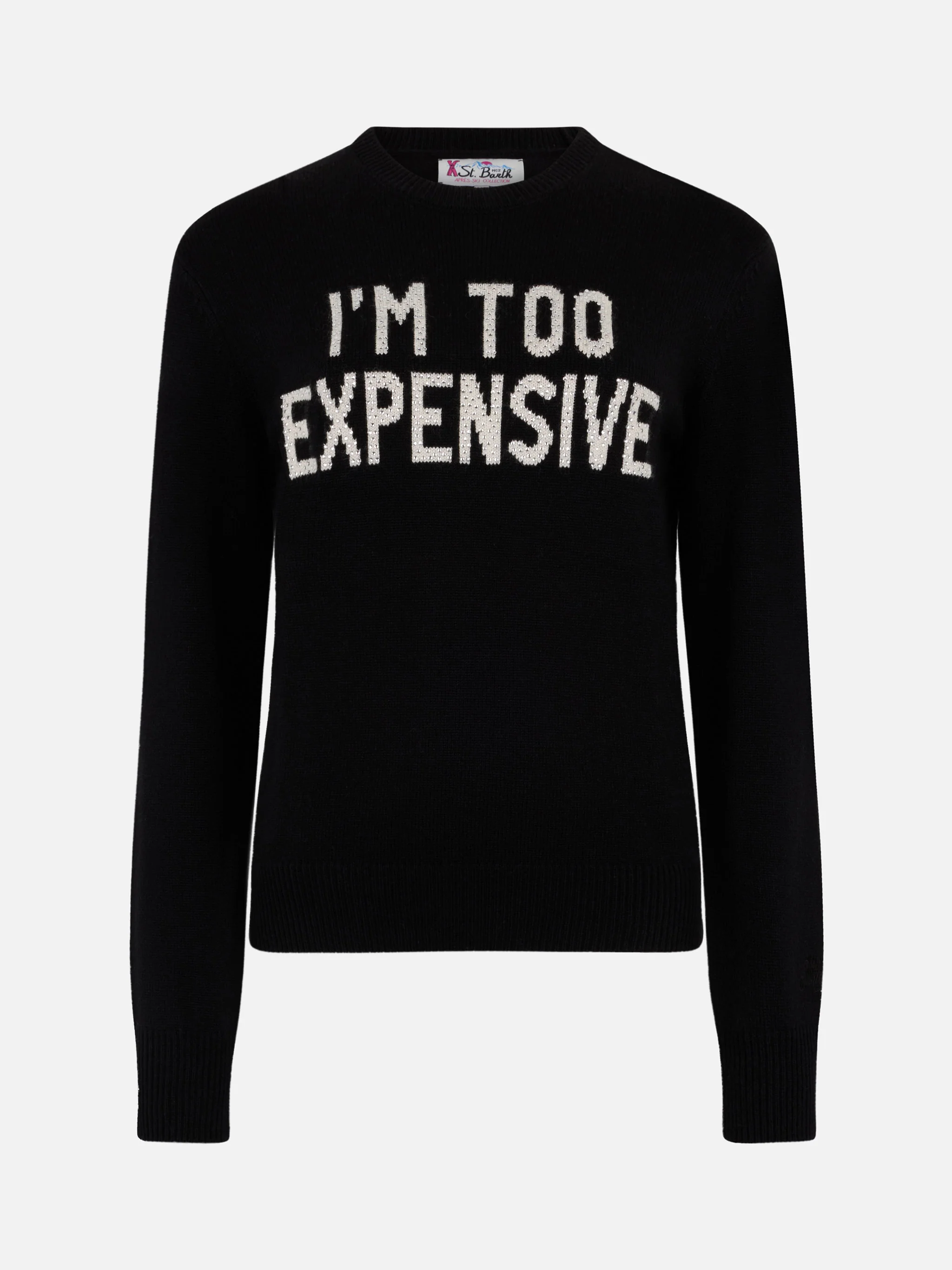 Suéter negro con estampado de diamantes de imitación para mujer de New Queen. Soy demasiado caro.