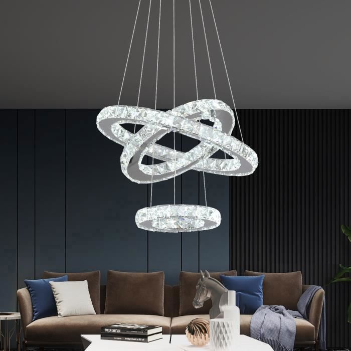 Lustre LED 3 anneaux en cristal Swarovski - Effet prisme, finition chromée pour salles à manger de luxe