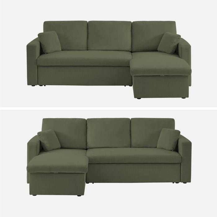 Sofá-cama de canto em veludo cotelê cáqui escuro - IDA - 3 lugares. Poltrona de canto reversível com compartimento de armazenamento.