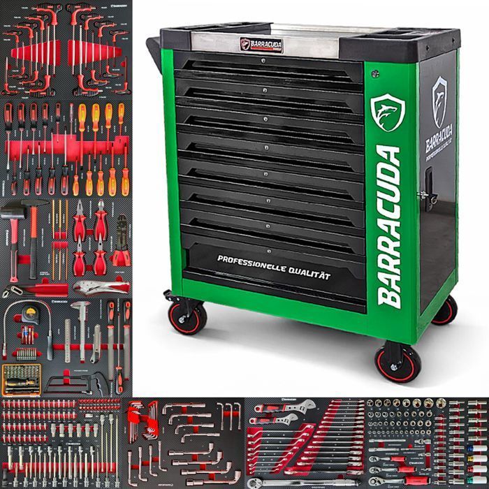 Servante d'atelier - BARRACUDA TOOLS - ROCK PRO+ - 8 tiroirs outillés - 336 outils - Vert