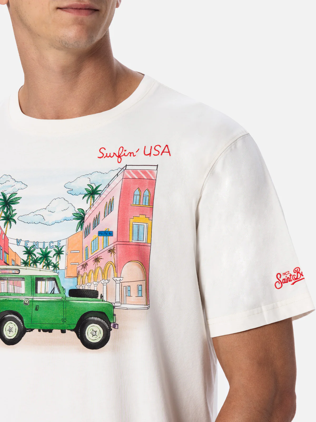 Heren katoenen T-shirt met Surfin' USA-borduurwerk en opdruk.