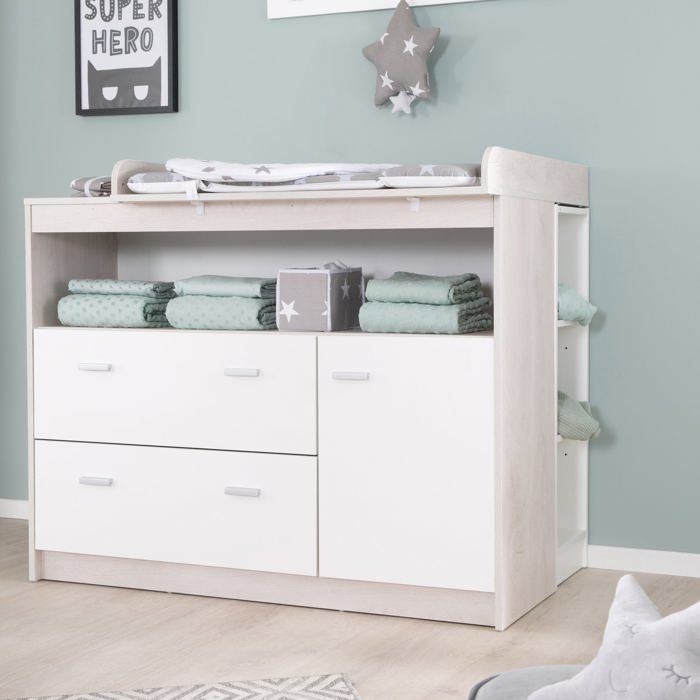 Cambiador ROBA Julia - 2 cajones + 1 puerta - Compartimento abierto - Madera bicolor
