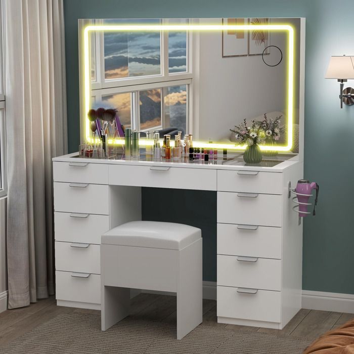 BALCONERA Schminktisch mit Spiegeln – mit LED-Beleuchtung – 11 Schubladen – 3 verstellbare Farben – Weiß – 114 cm L x 40 cm T x 139 cm H