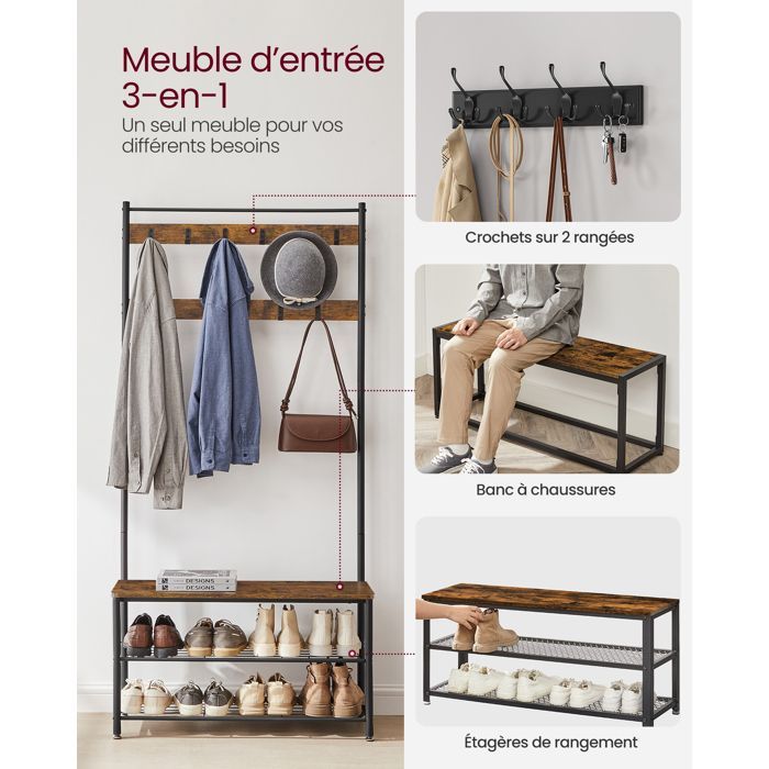 Appendiabiti con scarpiera integrata VASAGLE, mobile da ingresso con panca, 3 in 1, struttura in acciaio, 32 x 85 x 175 cm, marrone e nero