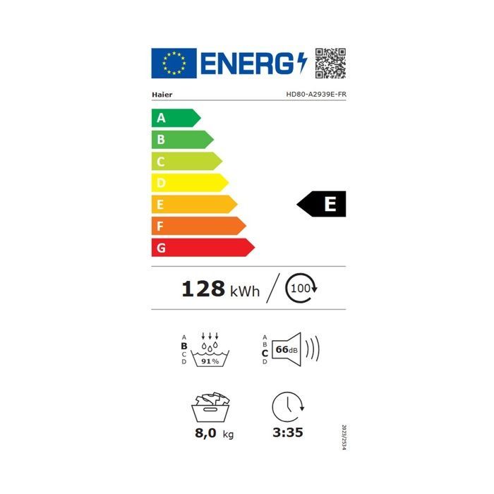 Wäschetrockner - HAIER - HD80-A2939E-FR - Wärmepumpe - 8 kg - Energieeffizienzklasse A++ - 66 dB