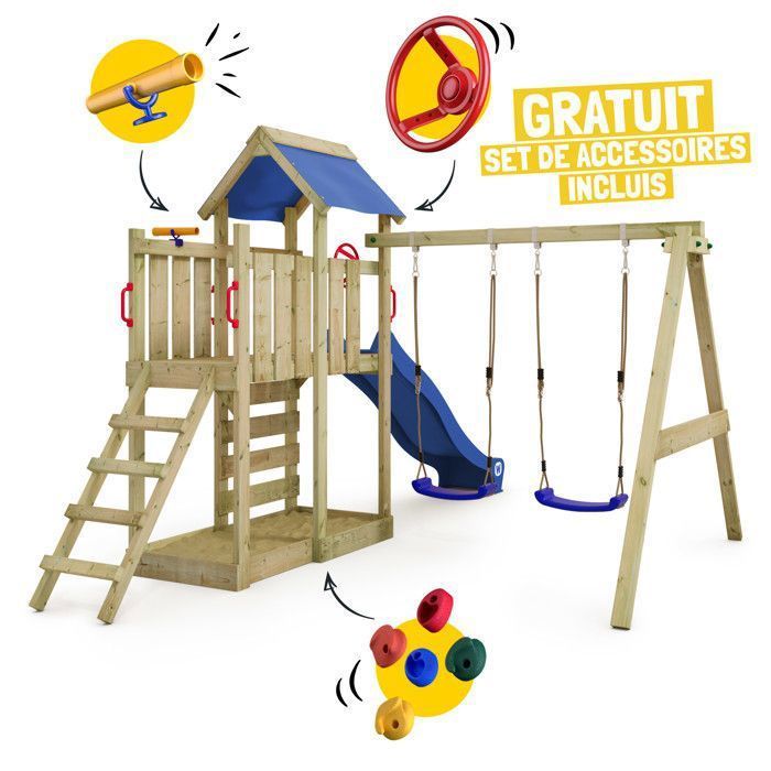 Torre de madeira WICKEY MultiFlyer com balanço, escorregador antracite de 220 cm e caixa de areia integrada – 10 anos de garantia*