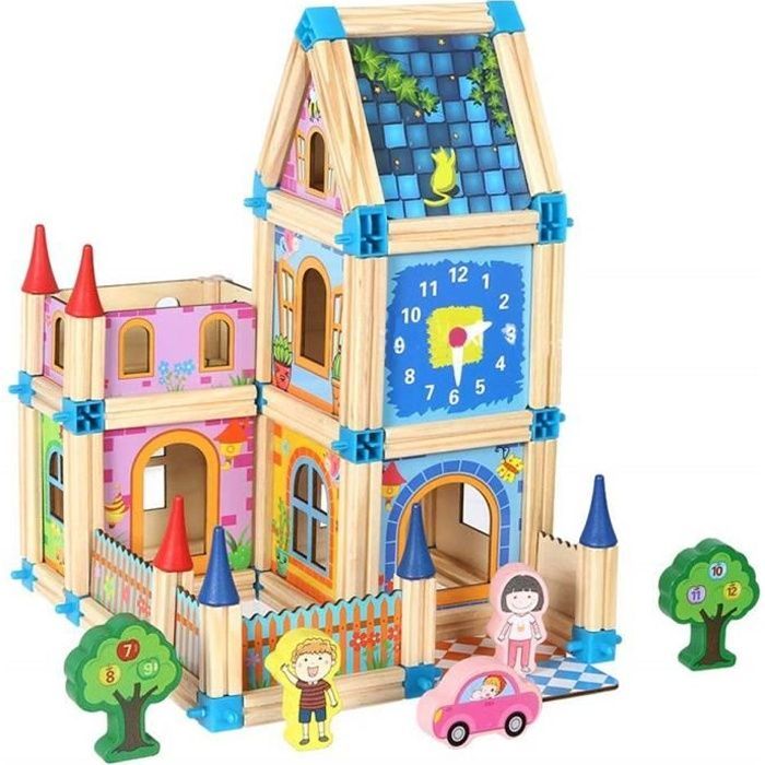 Jeu de Construction en Bois - 128 Pièces - Puzzle éducatif - Assemblé Maison