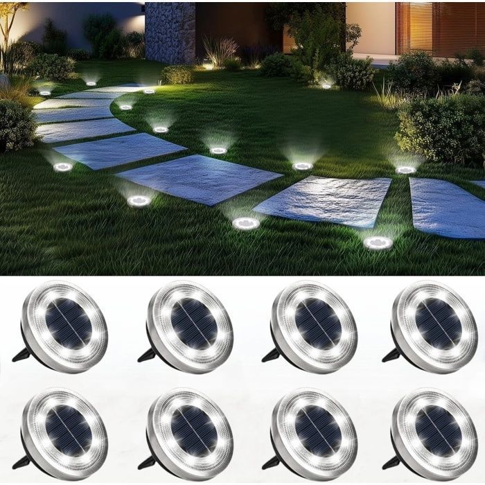 Juego de 8 luces solares para exteriores, 8 luces solares LED impermeables para jardín, focos solares empotrables para piscina, color blanco.