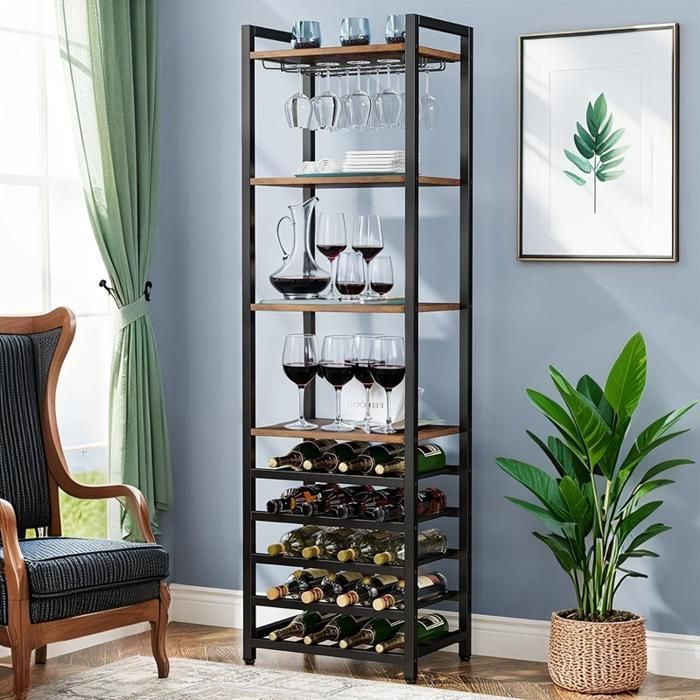 180cm Wine Rack, 9-Tier Freestanding Bottle Rack with Glass Holder and Storage Shelves for Wine Bar, Kitchen