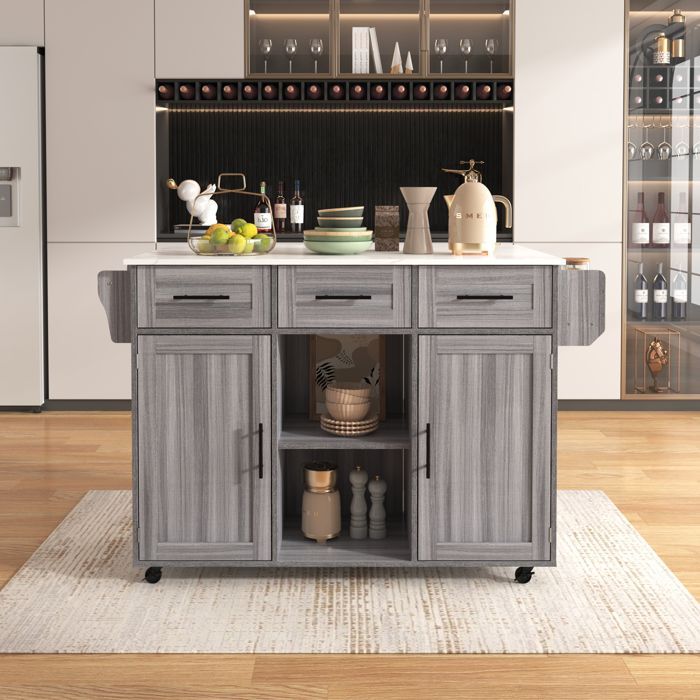 Multifunctional wooden kitchen trolley with rolling storage and worktop - with drawer - W139 x D46(71) x H91.5 cm - Grey