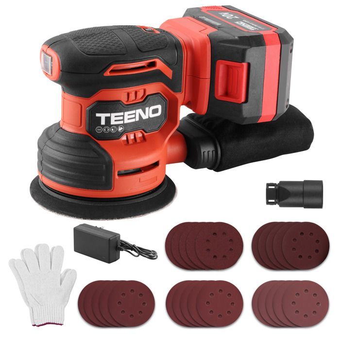 Levigatrice orbitale a batteria TEENO 20V, kit completo con 25 fogli abrasivi, batteria da 4,0 Ah e sistema di aspirazione della polvere.