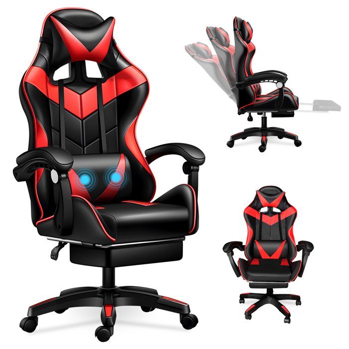 Silla gaming ergonómica, de piel sintética, altura regulable, respaldo reclinable y soporte lumbar.
