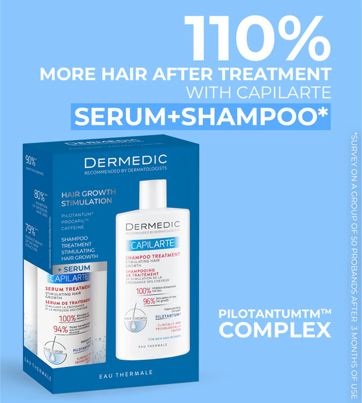 Tratamento com shampoo Dermedic Capilarte para estimular o crescimento capilar.