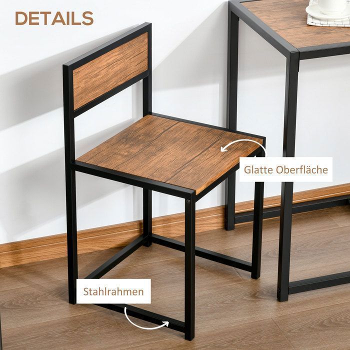 Dining table with 2 chairs. Dining table set. Metal and natural wood dining set for small spaces.